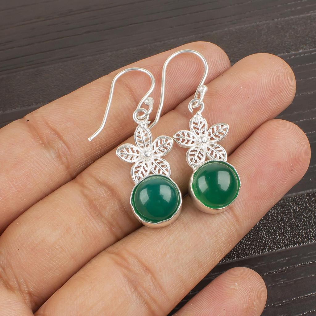 Green Onyx Cab 925 Solid Sterling Silver Earrings, Handmade Gemstone Earrings Jewelry, Gifts For Wife Brand New Earrings