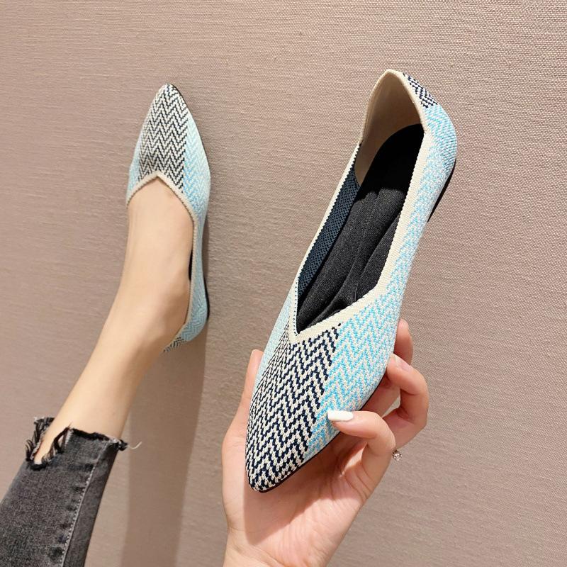 Flying single shoes women's new knitted mid-heel pointed breathable woven shoes fashionable shallow flat shoes