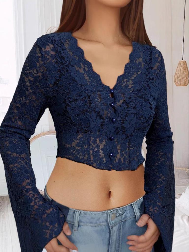 Autumn Women's Sexy Lace V-Neck Buttoned Long Sleeve Crop Top