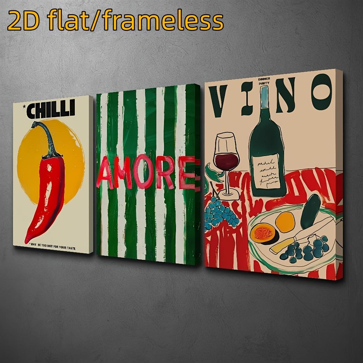 

3 frameless canvas printed decorative paintings, chili pepper, vintage wine dinner poster, red kitchen art decoration, indoor ho (as the picture,20x30cm-3pcs)