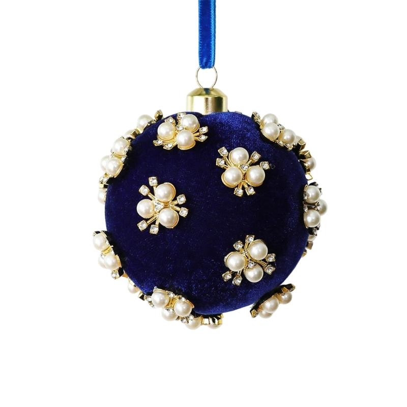 Christmas Tree Ornament Ball with Fabric, Trim Pattern and Ribbon Loop for Home Display Scenes and Seasonal Room Use