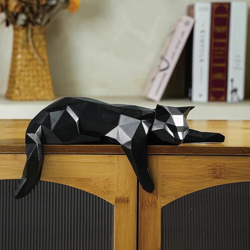 Geometric Black White Cat Statue, Modern Lying Cat Figurine Sculpture, Home Office Table Shelf Desk Decor, Cute Pet Lover Gift