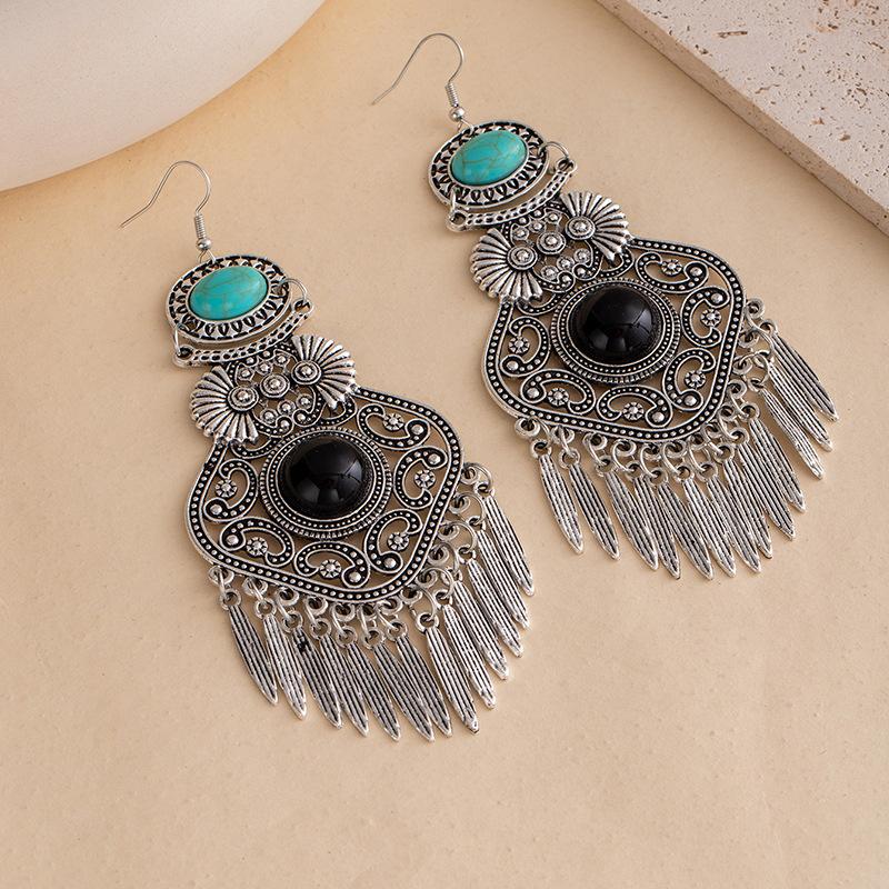 Vintage Ethnic Turquoise Earrings Women'S Bohemian Fringed Earrings Beaded High-End Earrings