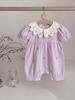 Baby Mädchen bestickter Kragen Kurzarm Baumwoll Strampler, Hellviolett 100 Tage Ausflug Outfit