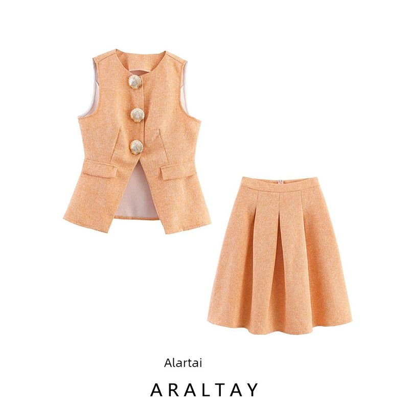 Araltay New Arrival Fashion Style Women's Clothing Fashion All-Match Elegant Fastener Decoration a Swing Sleeveless Tops Skirt