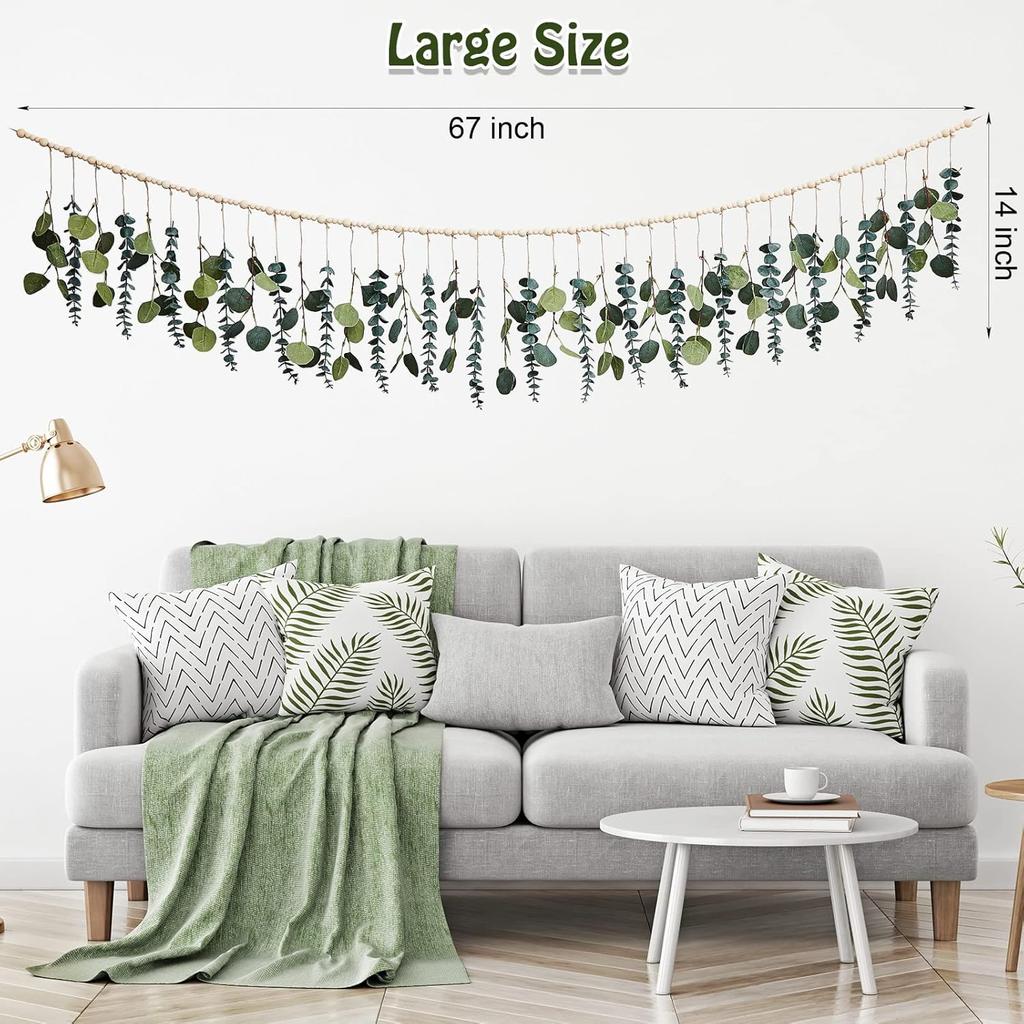 Eucalyptus Wall Decor with Led Light Wall Hanging Wooden Bead Garland Boho Nursery Decor Artificial Greenery Decor Modern Farmhouse Bathroom Decor