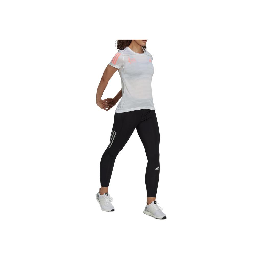 Adidas Own The Run Tee Striped Letter Architectural Print Crew Neck Short Sleeve Regular T-Shirt Women Tops White HZ7706
