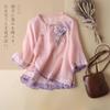 Ethnic Style Disc Button Embroidered Three-quarter Sleeve Linen Shirt with Slanted Placket for Women's Summer New Top Blouses