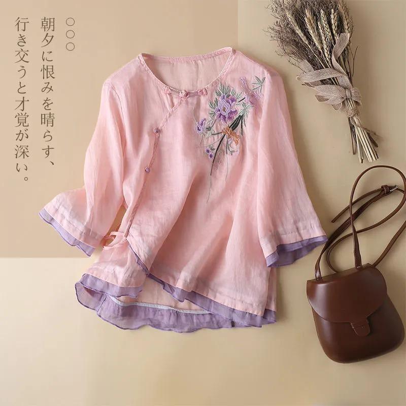 Ethnic Style Disc Button Embroidered Three-quarter Sleeve Linen Shirt with Slanted Placket for Women's Summer New Top Blouses