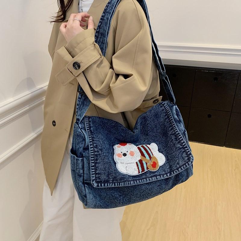 Vintage Shoulder Bag Lightweight Commuter Bag Cartoon Denim Women's Bag