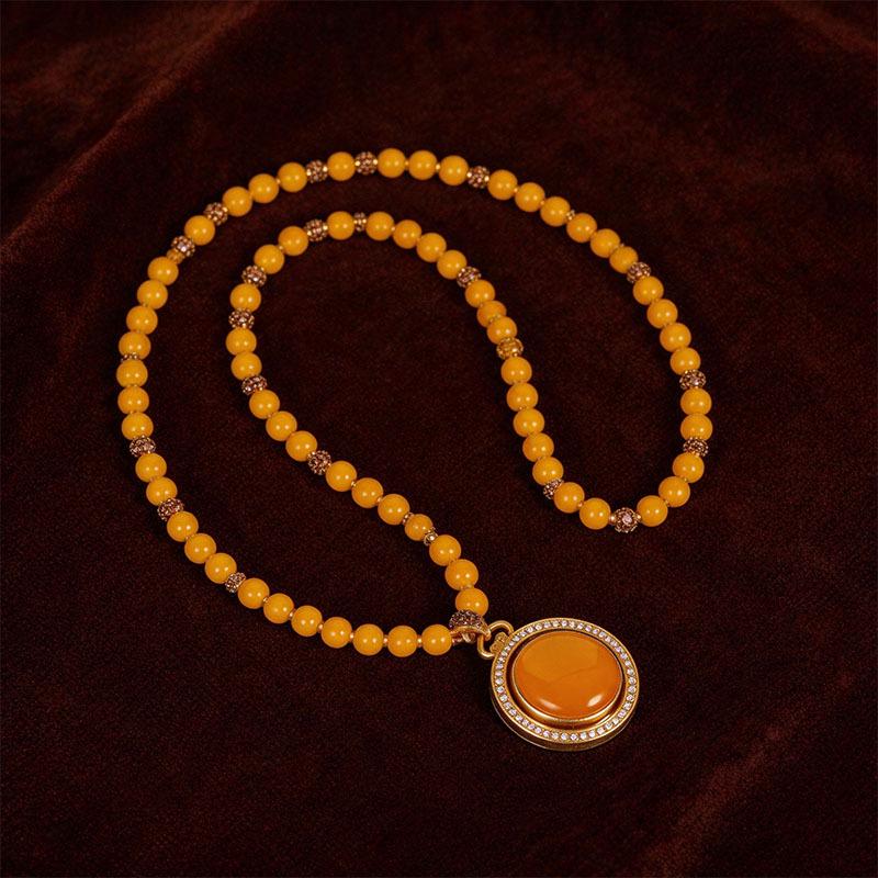 Chinese Yellow Jade Double-Sided Golden Buddha Pixiu Necklace – Elegant Women’s Pendant for Wealth and Luck.