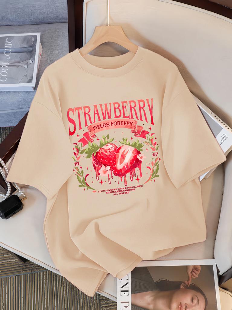 Strawberry Fields Forever Print T-Shirts Damen Atmungsaktives Baumwoll-T-Shirt Hip Hop Locker Streetwear All-Match Freizeitkleidung
