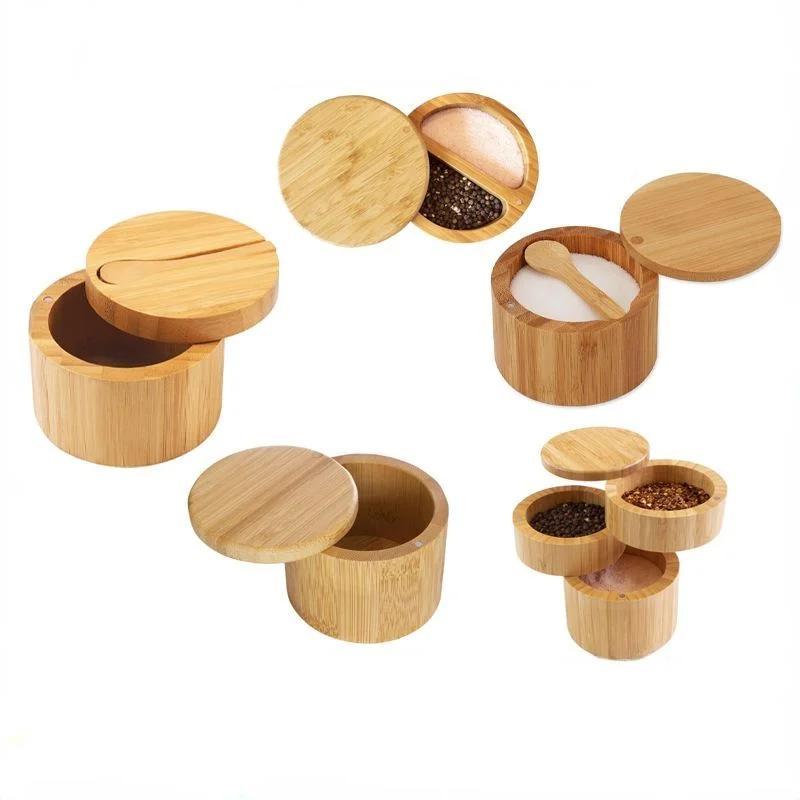 Kitchen Seasoning Bottle Convenience Tools Bamboo Salt Jar Kitchen Circular Bamboo Seasoning Box Spice Rack Accessories