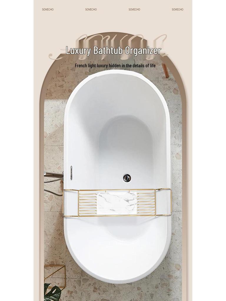 Stainless Steel Non-Slip Marble Bathtub Organizer Rack with Telescopic Shelf for Bathroom Use