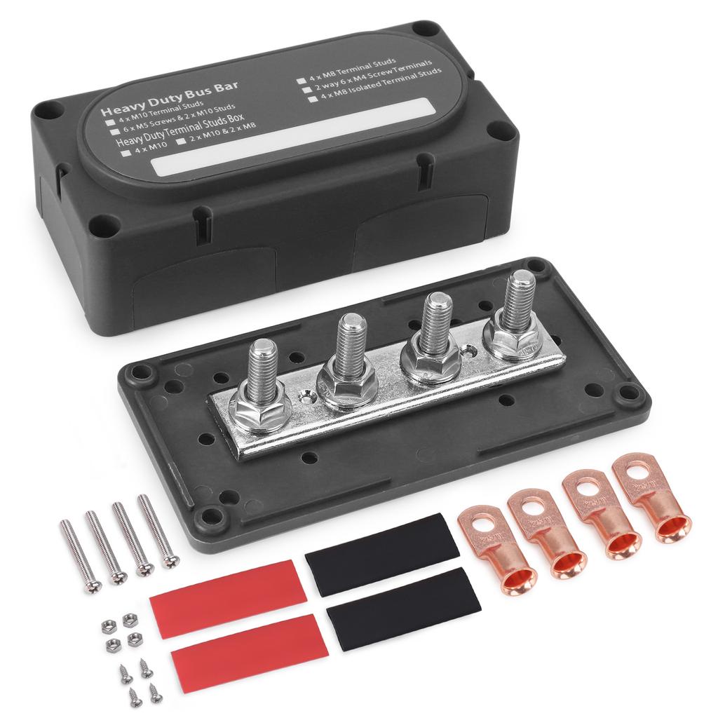 Power Distribution Block Module Heavy Duty Bus Bar 4 Studs Single Row 12-48V Copper Nickel Nylon M6 M8 M10 For Truck Car Boat