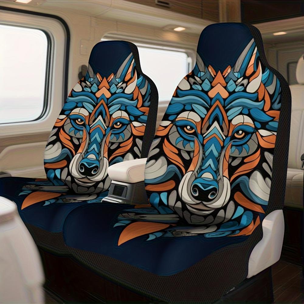 2pcs Geometric Colorful Wolf Pattern Universal Car Seat Covers | Soft Washable Polyester Fiber, Machine Washable, Enhances Styli