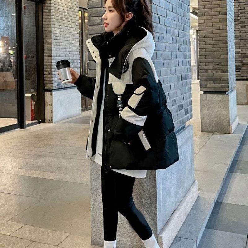 Winter Women Down Cotton Coat Female Medium To Long Parkas Jacket Ladies Slimming Hooded Splicing Together Puffer Outwear