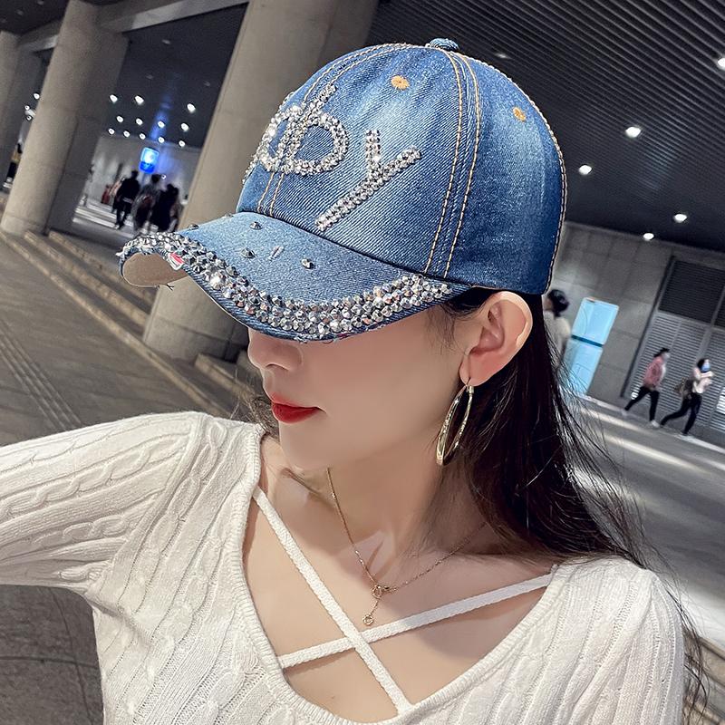 Baseball Cap Women Rhinestone Letter Baby Fashion Denim Street Dance Hat Cowboy Sun Cap Club Retro Trendy Sunshade Casual