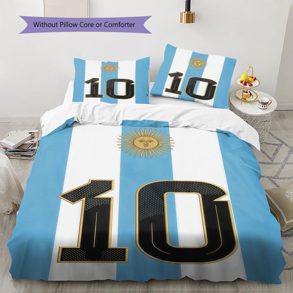 Lenjerie de pat cu model Lionel Messi, Set cu cuvertură, Husă cuvertură, Față de pernă, Cadou de casă de ziua de naștere(1 * husă de pilotă + 2 * fețe de pernă, fără miez)