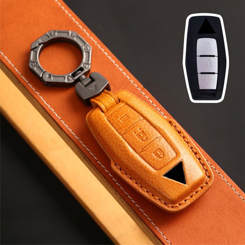 Leather Car Key Case Fob Cover Shell Keychain for Mitsubishi Outlander 2023 2/3 Bottons Car Smart Remote Key Holder Accessories