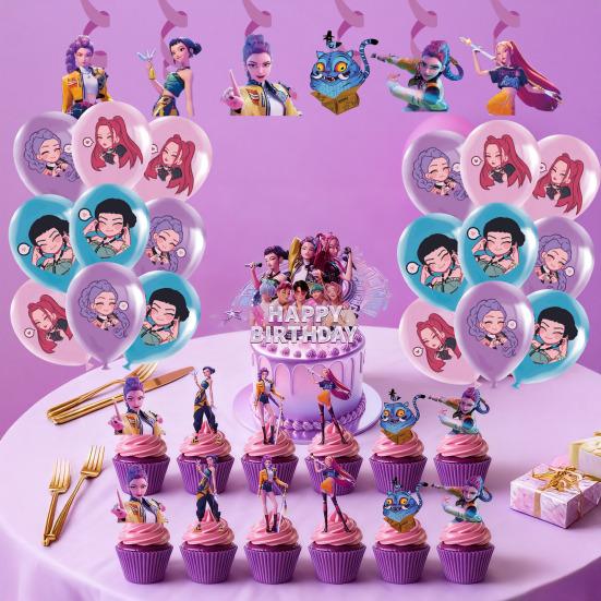 Birthday Party Decor Kit Themed Banner Cake Toppers & Spiral Balloons for K-POP Music Dance Theme Celebration Pink Girls Party Supplies