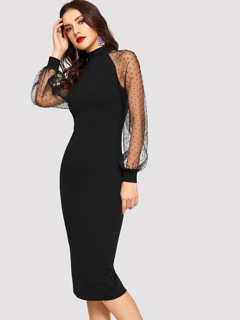 green emerald velvet dress Black Applique Embroidered Mesh Sleeve  Urbanheer