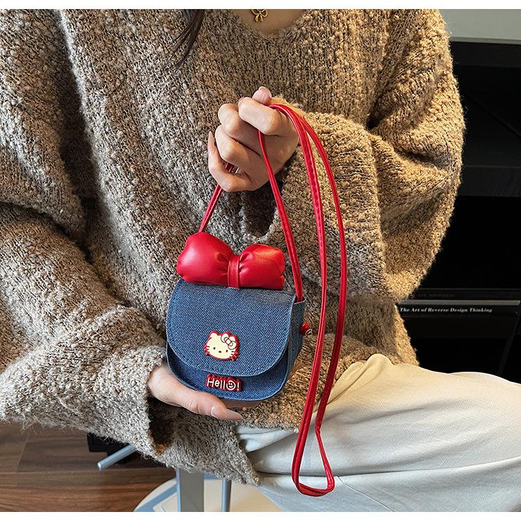 Cute Cat Bow Knot Denim Mini Wallet Fashionable Cartoon Crossbody Purse for Women KTB