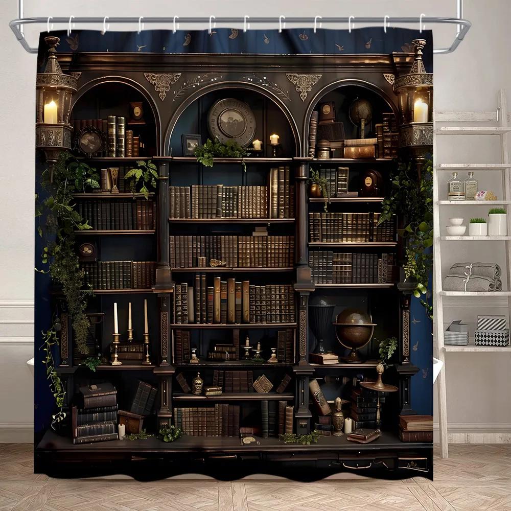Library Shower Curtain Vintage Old Book Bookshelves Plant Leaves Candles Magic Home Polyester Fabric Bathroom Decor Curtains Set