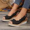 2025 Independent Station New European and American Sandals Large Size Foreign Trade Hemp Rope Hollow Flower Slope Heel Fish Mouth Sandals Women's Shoe