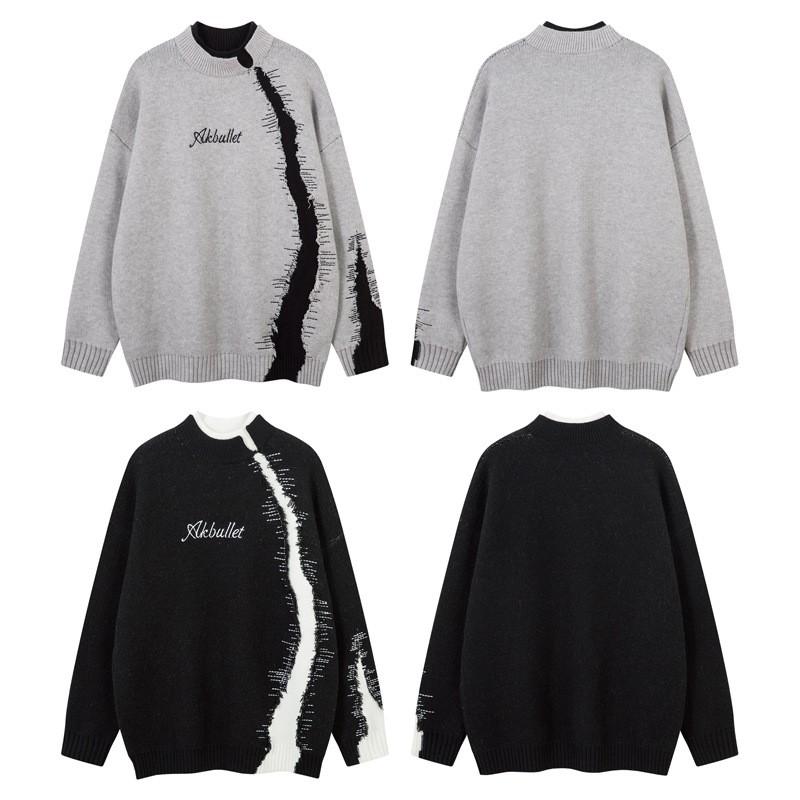 Unisex Oversized Streetwear Knit Sweater With Irregular Patchwork Embroidered Details Acrylic Blend Winter Warm Loose Fit