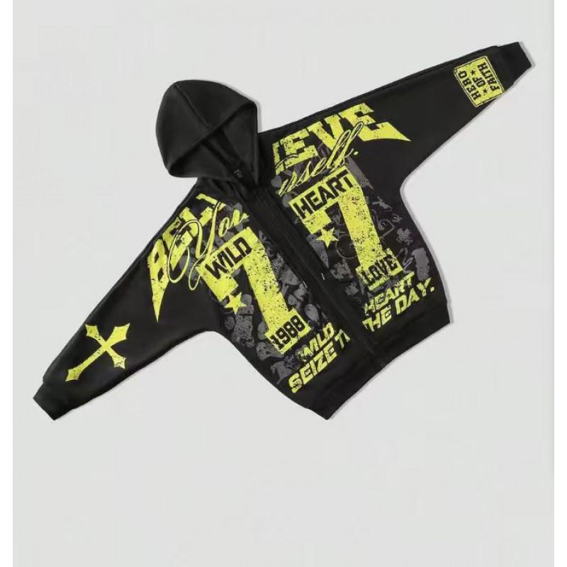 Oversized Hooded Zip-Up Sweatshirt With 3D Cross Letter Print Streetwear Unisex Casual Top