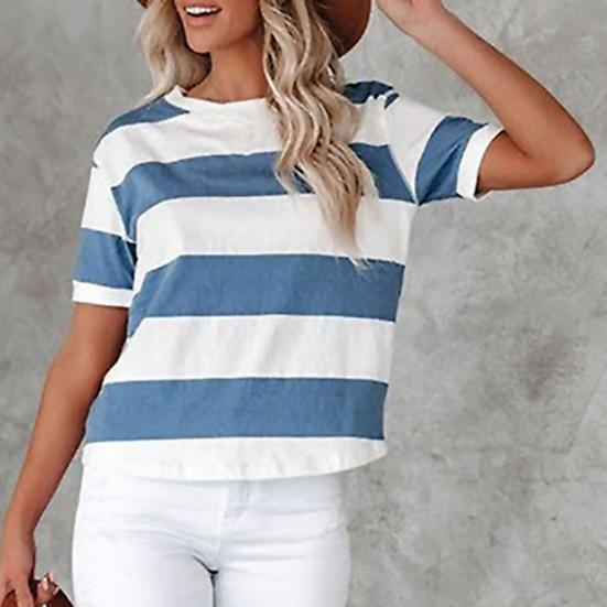 T-shirt ample à manches courtes et col rond pour femmes, rayé bleu et blanc imprimé, blouse d'été streetwear