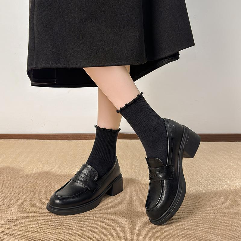 Rindslederversion~ Retro Dickabsatz Runde Zehenpartie Mode Einzelne Schuhe Britischer Stil Pendler High Heel JK Weichleder Ein-Pedal Slipper
