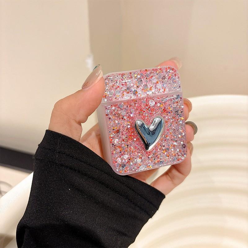 Square Bluetooth Earphone Case Suitable Apple Airpods 4 Generation Glitter Airpodspro Heart-shaped Protective