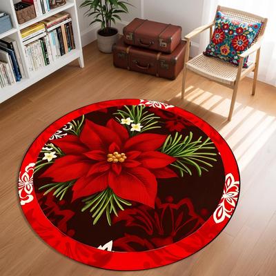 Christmas Poinsettia Round Rug Red Flower Green Leaves Holiday Floor Area Carpet for Home Living Room Bedroom Decor