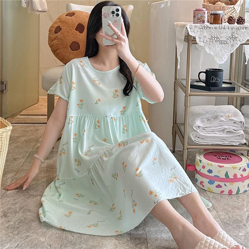 Cotton and Silk Nightgown Women's Summer Short-sleeved Large-size High-end Printed Maternity Pajamas Can Be Worn Outside Long Loungewear