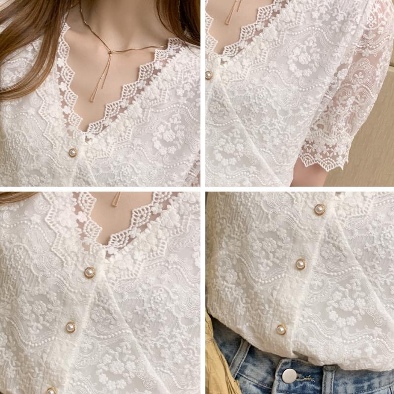 Shirts Women Lace Ladies Ins V-Neck Elegant Fashion Design Leisure Summer All-match Ulzzang Temperament Single Breasted White