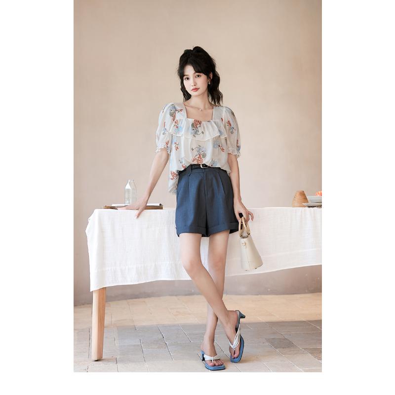 Mishow Women's Blouse 2023 Summer New Embroidery Puff Sleeve Chiffon Korean Fashion Square Collar Loose Pullover Female Tops MXC38X1278