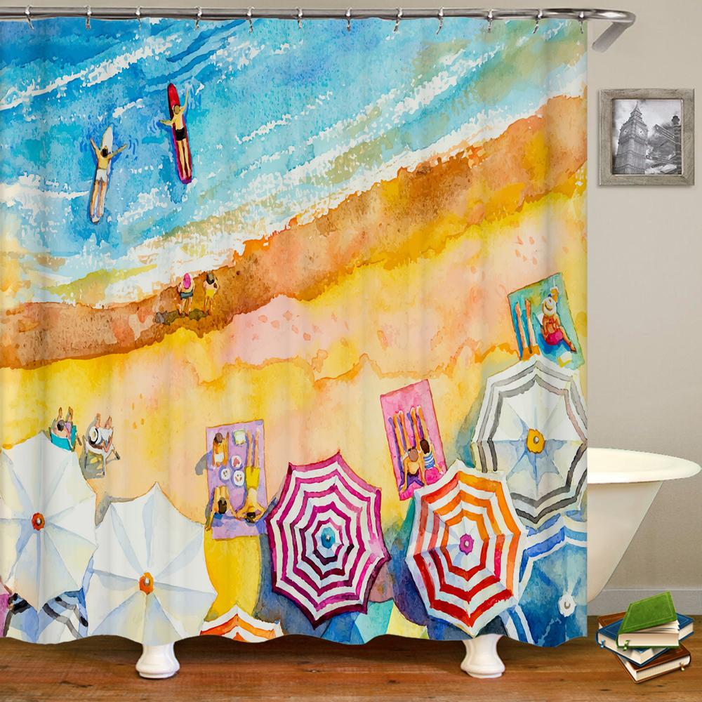 Sonnenlicht Strand Wasserdichtes Stoff Duschvorhänge 3D Druck Palme Badezimmervorhang Für Badezimmer Badewanne Dekoration Mit Haken