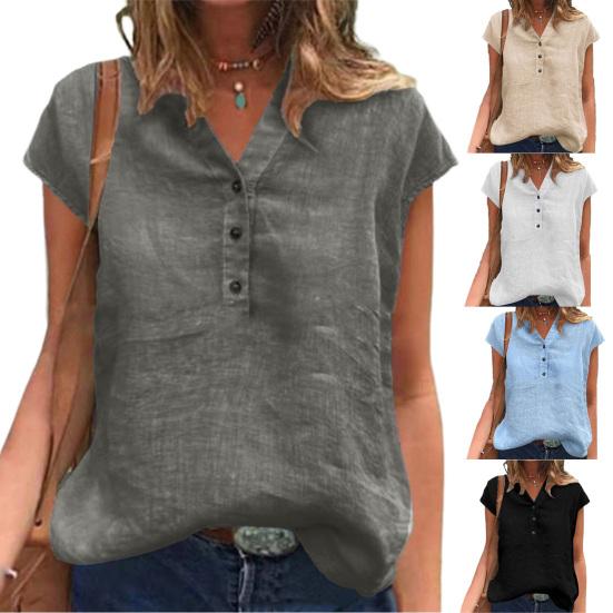 V-hals kortermet knapper enkel t-skjorte dame ensfarget genser topp dameklær