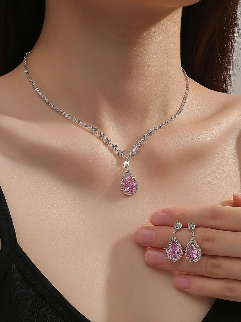 3 Pieces of Women's Fashionable Diamond Water Droplet Necklace with Earrings Set, Banquet and Party Accessories