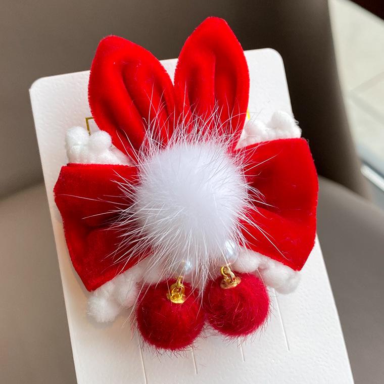 Children s Red Festive Hanfu Hair Clip: Ancient Style Rabbit Ear Design for Girls - New Year & Family Visits.