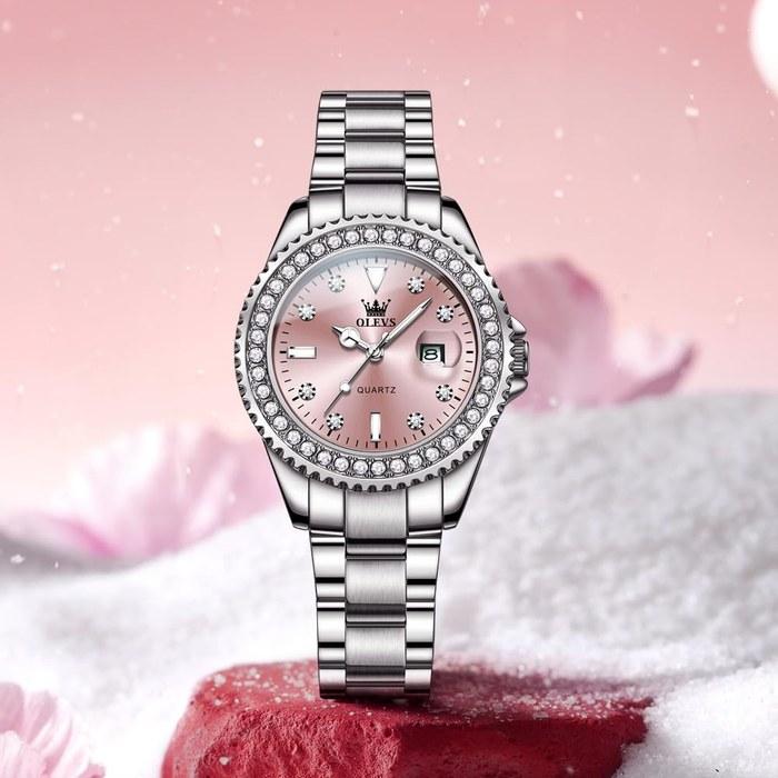 OLEVS Women's Watch Stainless Steel Quartz Diamond Dial Luminous Easy-to-Read 30m Waterproof Pink
