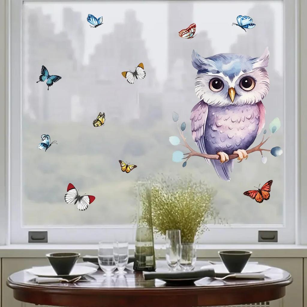 Cartoon Cute Owl Colored Butterfly Branches Animal Window Stickers for Bedroom Decor Living Room Nursery Decoration Wall Decals