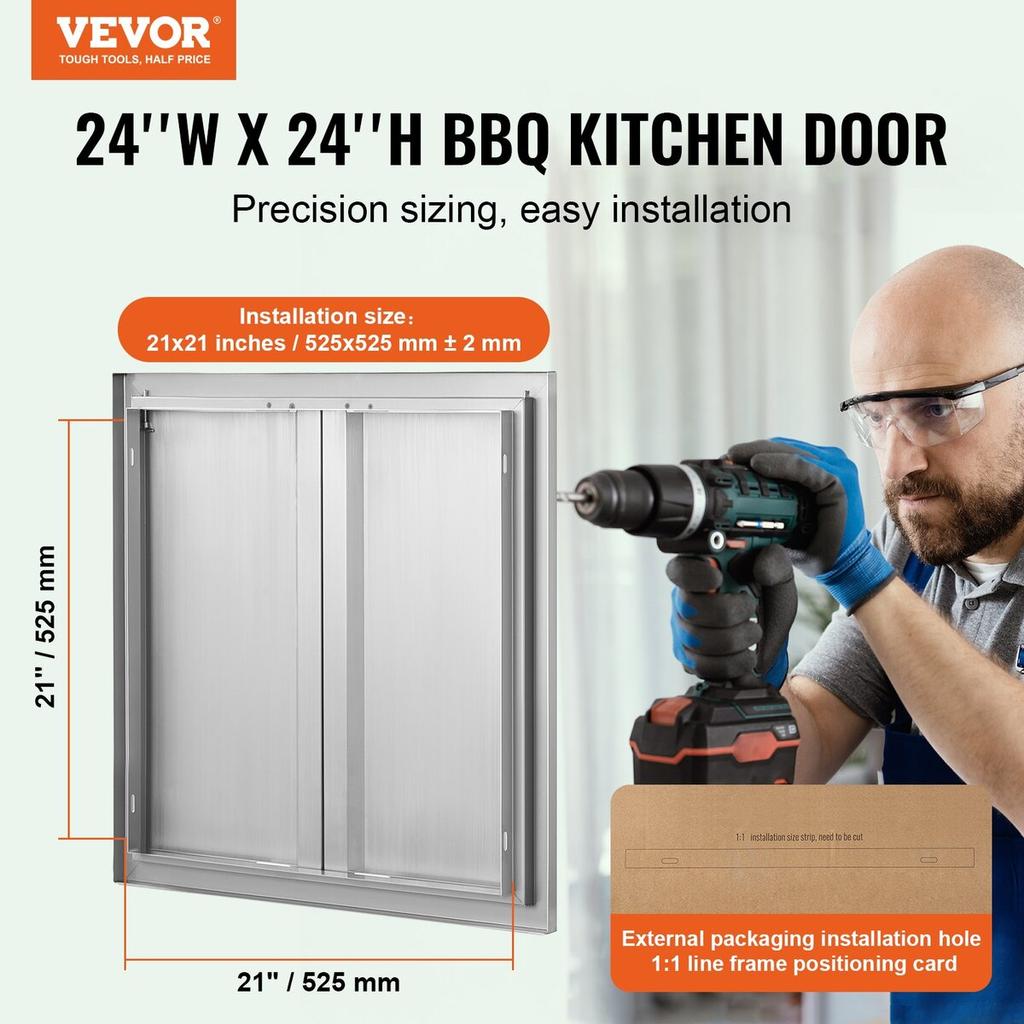 Puerta de Acceso para Barbacoa, Doble Puerta de Cocina Exterior de 610x610 mm, Puerta de Acero Inoxidable de Montaje Empotrado, Puerta Vertical de Pared con Tiradores Empotrados, para Isla de Barbacoa,