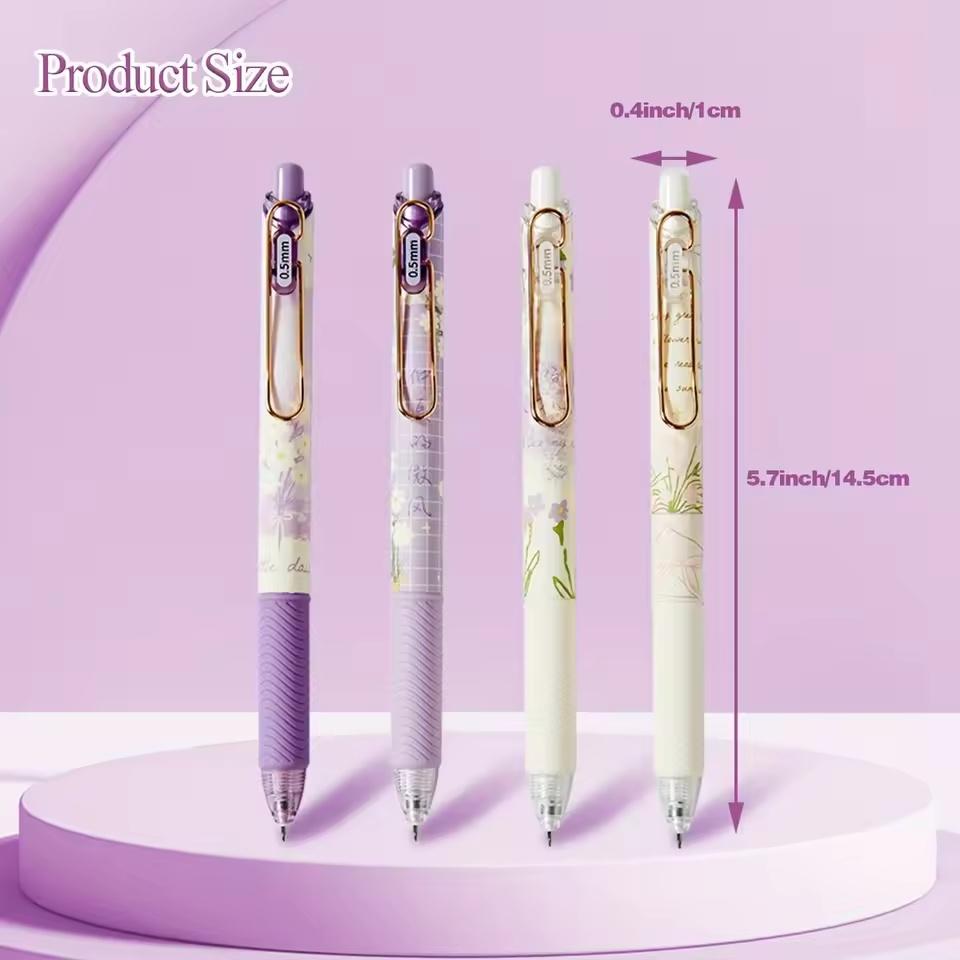 4pcs Cute Floral Gel Pen, Retractable Gel Pen, 0.5mm Quick-Drying Black Ink Pen Cute Pen, Fine Point Pen, Smooth Writing Pen