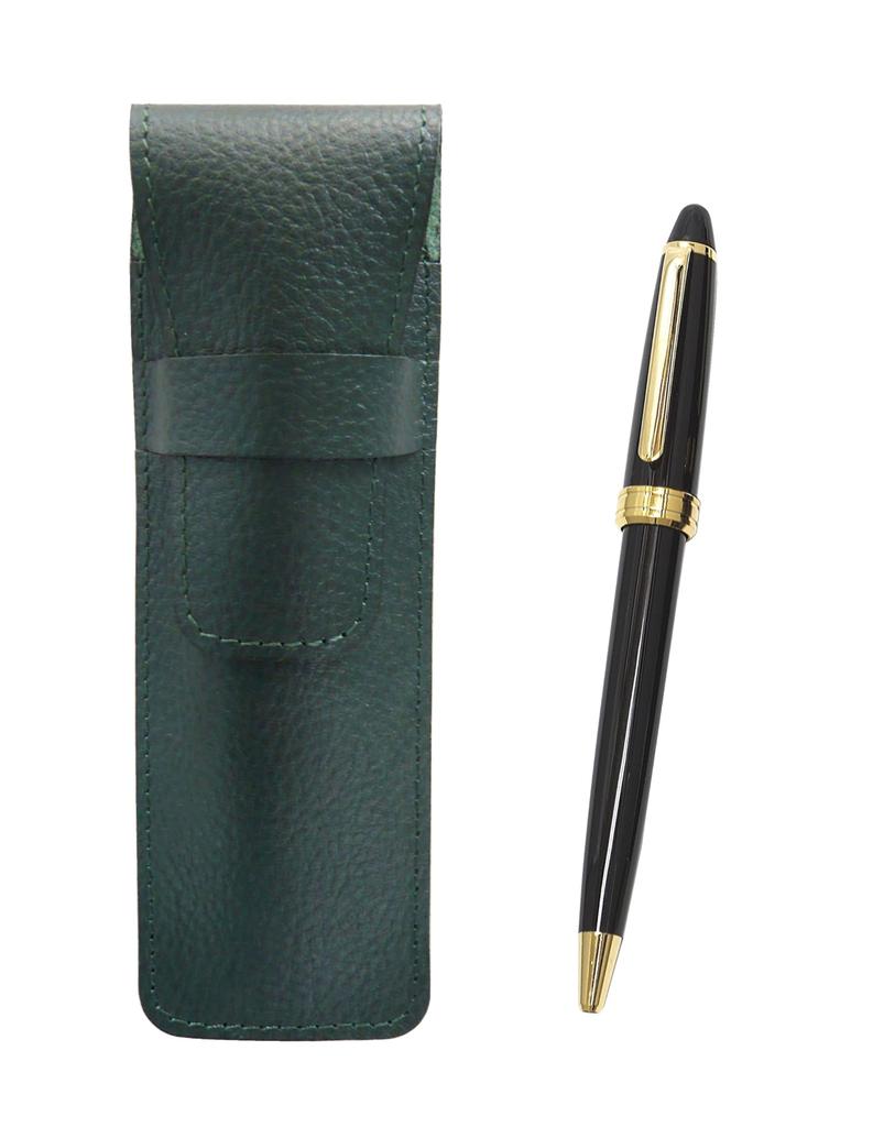 Moss green grained leather pen case with Neo ballpoint pen set D-600 (black) SASMG-600B-B