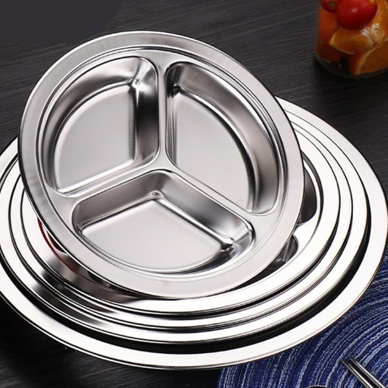 Stainless Steel Multi Compartment Round Plate 28cm For Meal Preparation Outdoor Picnics Office Lunch Microwave Safe Dish