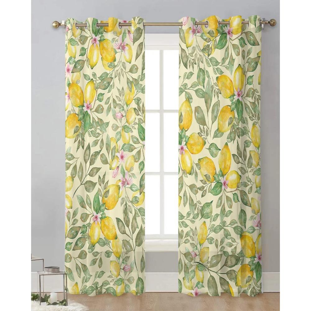 Fruit Watercolor Lemon Pink Flower Sheer Curtains for Living Room Decoration Window Curtain Kitchen Tulle Voile Organza Drapes