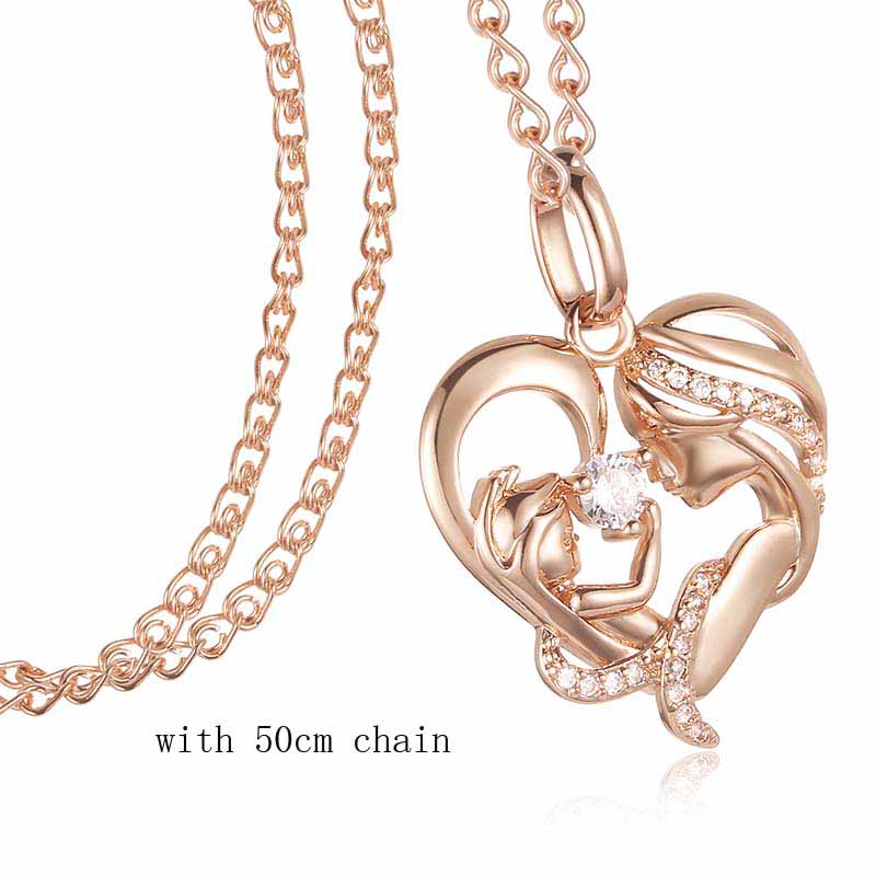 

FJ Women 585 Rose Gold Color Mother Baby Shaped Cubic Zircon Heart Pendant Gift + Optioanl Necklace Chains Zircon